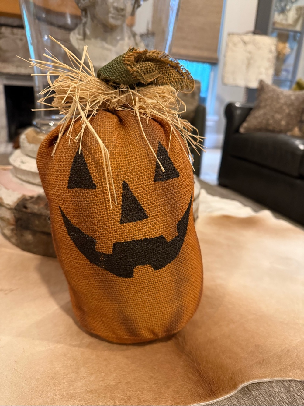Handmade Jack-O'-Lantern Burlap Pumpkin Decoration - Orange & Black - Picture 4 of 14